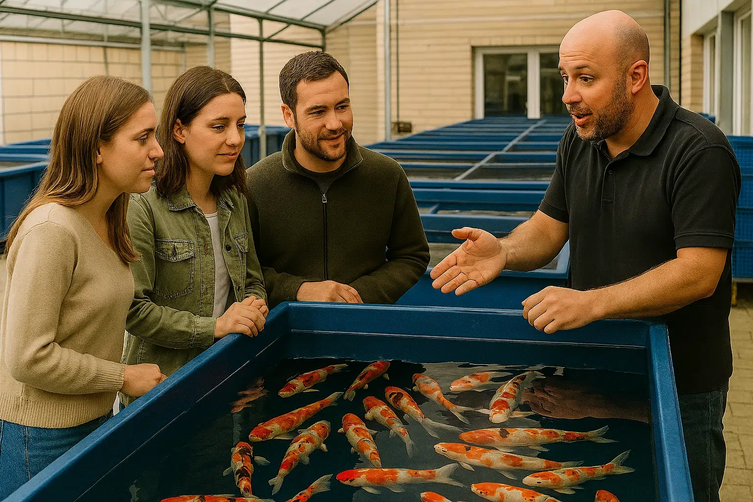Vier Personen, die Koi-Fische in einem Verkaufsbecken betrachten, während ein Verkäufer Informationen über die Auswahl gesunder Koi für Gartenteiche gibt.
