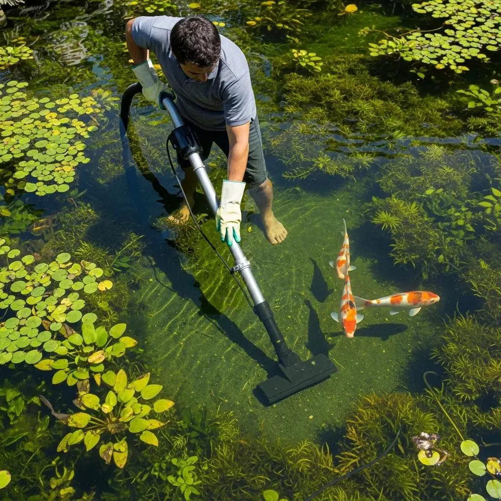 Person cleaning koi pond with a vacuum, surrounded by healthy koi and plants