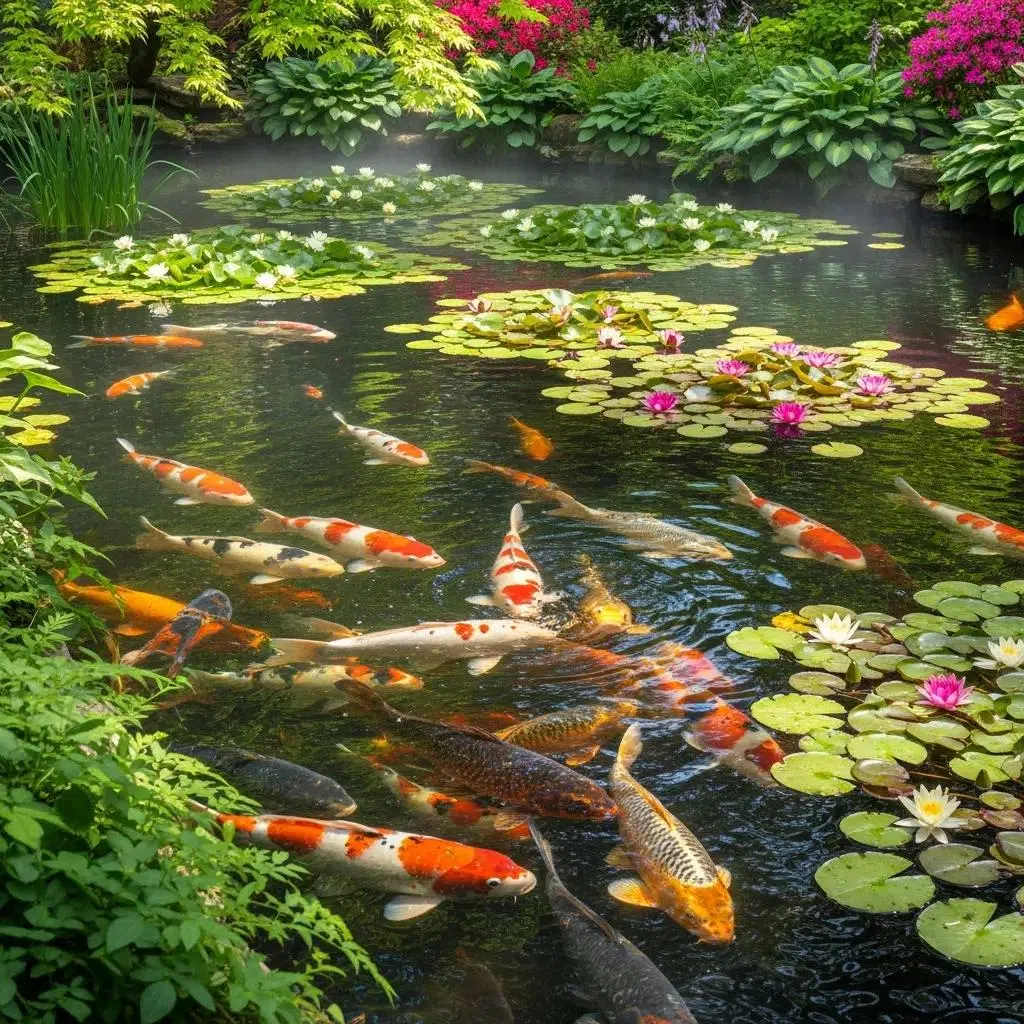 Vibrant koi pond in spring with healthy koi fish and blooming water lilies